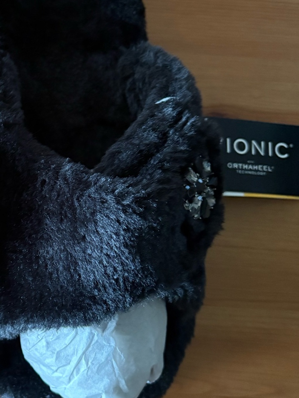 Vionic RelaxLux Black Faux Fur Jeweled Strap Slip-on Slippers Size 7 NWB - Picture 10 of 16